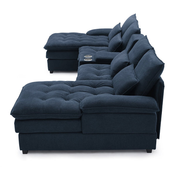 English Elm 130" U-Shaped Sofa With Console & Cupholders, 6-Seat Sleeper Couch Set In Blue For Modern Living Spaces W1117S00242