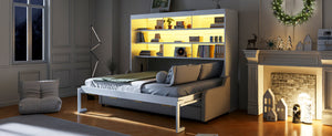 English Elm Full Size Murphy Cabinet Bed With Sofa, Built-In Storage & Led Lights - Stylish Space Saver In Beige N7090000602A