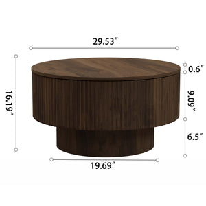 English Elm 29.53 Inch Round Mdf Coffee Table Sculptural Grooved Silhouette with Hidden Storage W2189P320663