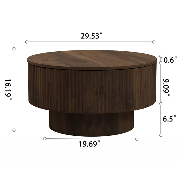 English Elm 29.53 Inch Round Mdf Coffee Table Sculptural Grooved Silhouette with Hidden Storage W2189P320663