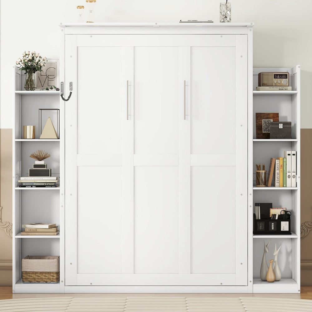 English Elm Full Size Murphy Wall Bed with Led Lighting Open Shelves Space Saving Cabinet White LP000694AAK-2