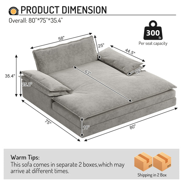 English Elm Modern Chenille Double Chaise Lounge Deep Seat Sofa with Detachable Backrest and Pillows Grey W1885S00413