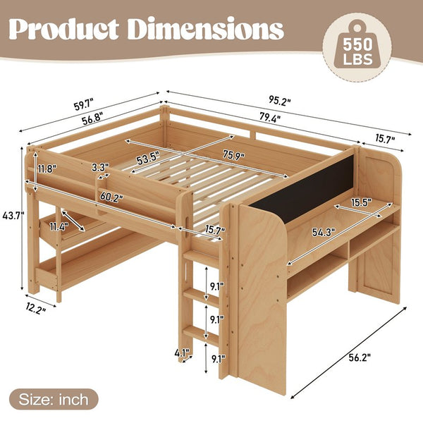 English Elm Twin Low Loft Bed Solid Pine Frame Kids Study Desk Blackboard Storage White W1580S00571
