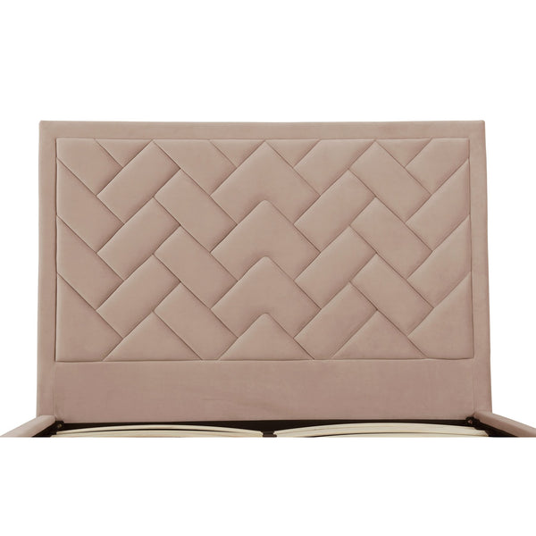 English Elm Crosby Velvet Queen Bed: Elegant Nude Upholstery, Chevron-Stitched Headboard & Easy Assembly Support B365S00040