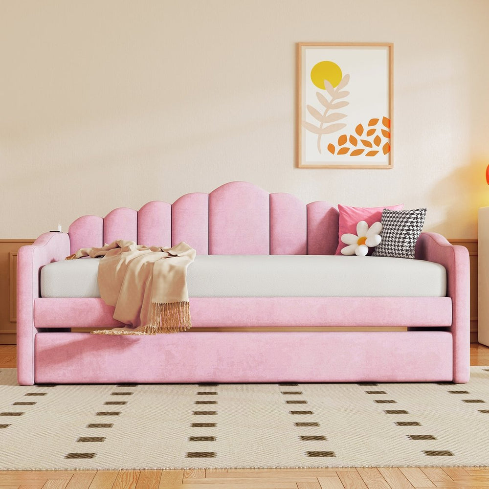 English Elm Twin Velvet Upholstered Daybed with Pull Out Trundle and Built in Usb Charging N733S382368H