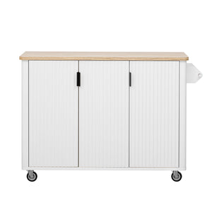 English Elm K&K 51" Fluted Kitchen Island With Drop Leaf, Farmhouse Accent Kitchen Island On Wheels With Internal Storage Rack, Rolling Kitchen Cart With Towel Rack For Kitchen, Dining Room, White Ash