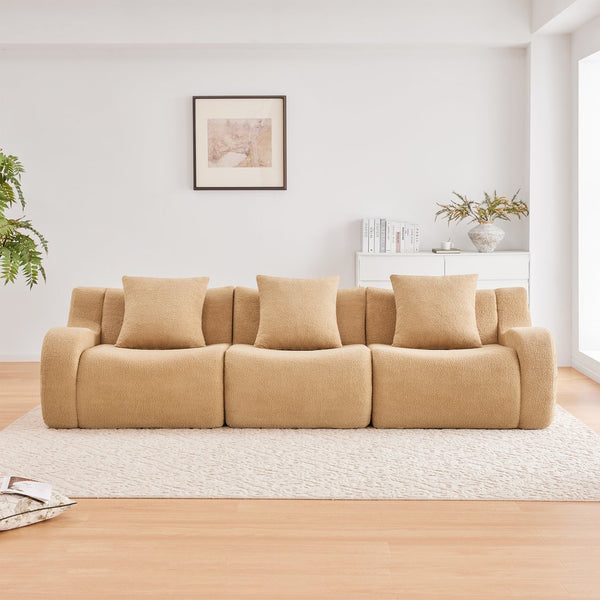 English Elm Boneless Sofa: Plush 3-Seat Camel Teddy Fabric With Non-Slip Base, Stylish Curved Armrests & Comfort W714S01431
