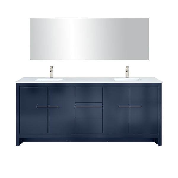 English Elm Navy Blue Double Bath Vanity 80" W With White Quartz Top, Brushed Nickel Faucet & 70" Mirror Set B2731S01762