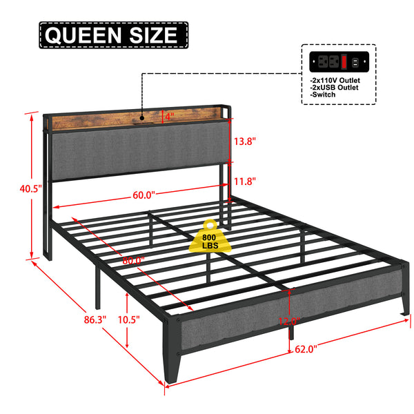English Elm Queen Upholstered Bed Frame with USB & Outlets, Metal Platform, Vintage Shelf, 10.4" Storage Clearance W1960P162712