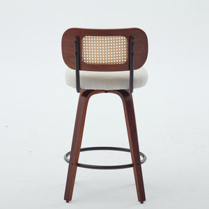 English Elm Set of 2 Swivel Counter Stools Walnut Frame Rattan Back Linen Seat Kitchen Island Beige W1143P392163