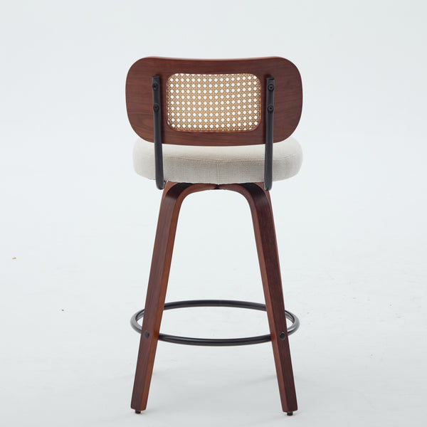 English Elm Set of 2 Swivel Counter Stools Walnut Frame Rattan Back Linen Seat Kitchen Island Beige W1143P392171