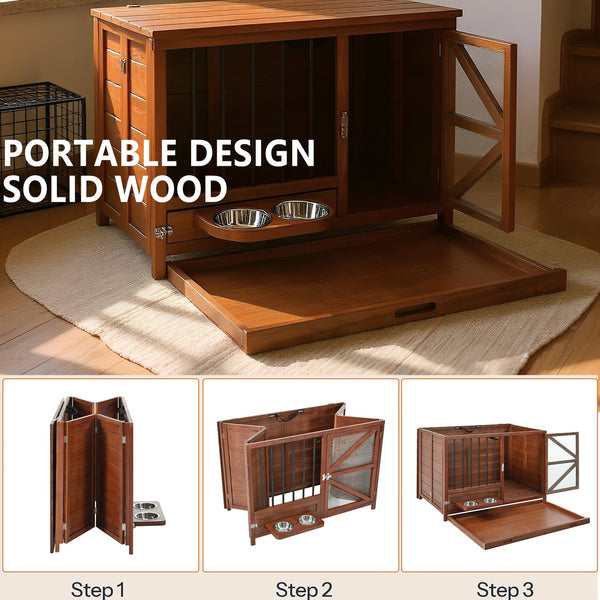 English Elm 33" Pine Wood Pet Crate End Table with Walnut Finish Swivel Feeder and Foldable Frame N843P322021W