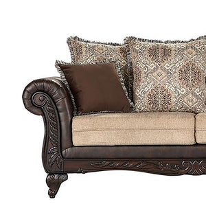 English Elm Brookridge Traditional Rolled Arm Sofa in Brown Faux Leather & Fabric, Ornate Wood Trim, 93" Wide B062P354077