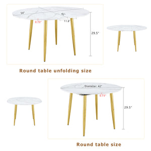 English Elm With Retractable Leaf Round Oval Mdf Top and Sleek Metal Legs Modern Dining Table White+Gold W1151S03870