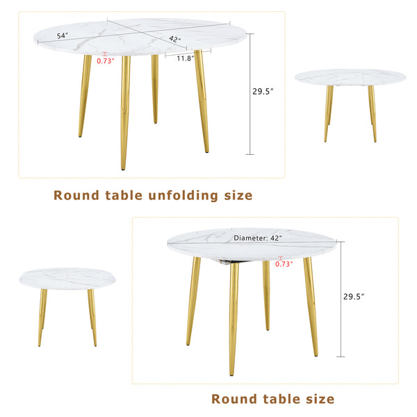 English Elm With Retractable Leaf Round Oval Mdf Top and Sleek Metal Legs Modern Dining Table White+Gold W1151S03870