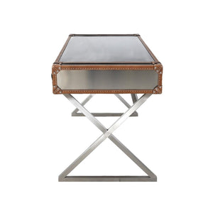 Pasargad Home Brookline Steel & Leather Writing Desk - Elegant, Durable Design For Modern Workspaces Brown Stainless Desk-0092
