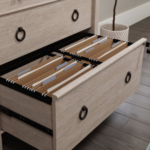 English Elm Lateral File Cabinet With Key Lock, Stylish Brown Oak Finish For Organized Workspace & Security B356P367824