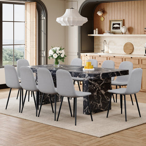 English Elm Table and Chair Set Seats Ten with Marble Pattern Mdf Top and Gray Linen Dining Chairs W1151S03922