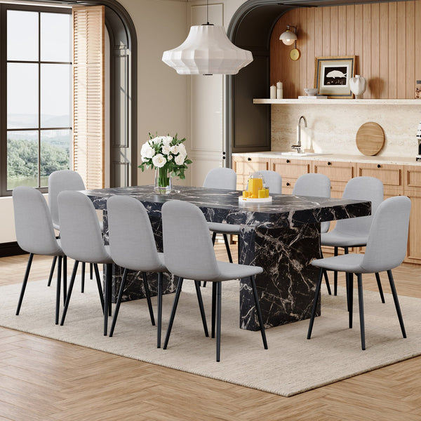 English Elm Table and Chair Set Seats Ten with Marble Pattern Mdf Top and Gray Linen Dining Chairs W1151S03922