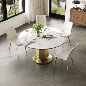 English Elm 53 Inch Round Smoked Glass Dining Table with Gold Steel Base Seats Eight W2700S00092