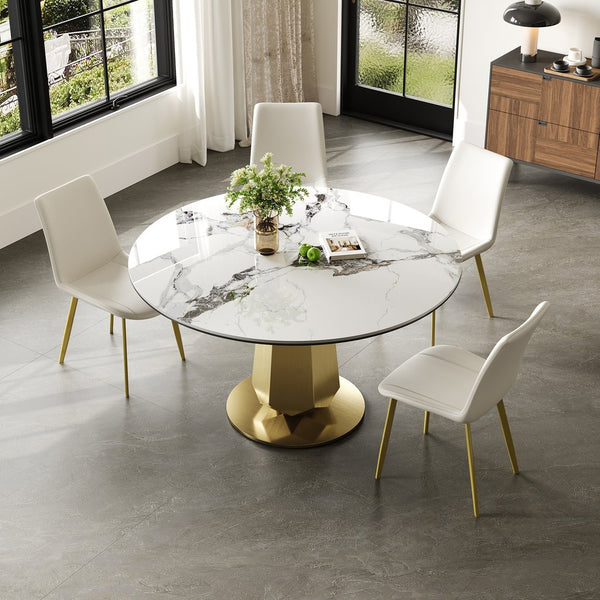 English Elm 53 Inch Round Smoked Glass Dining Table with Gold Steel Base Seats Eight W2700S00092