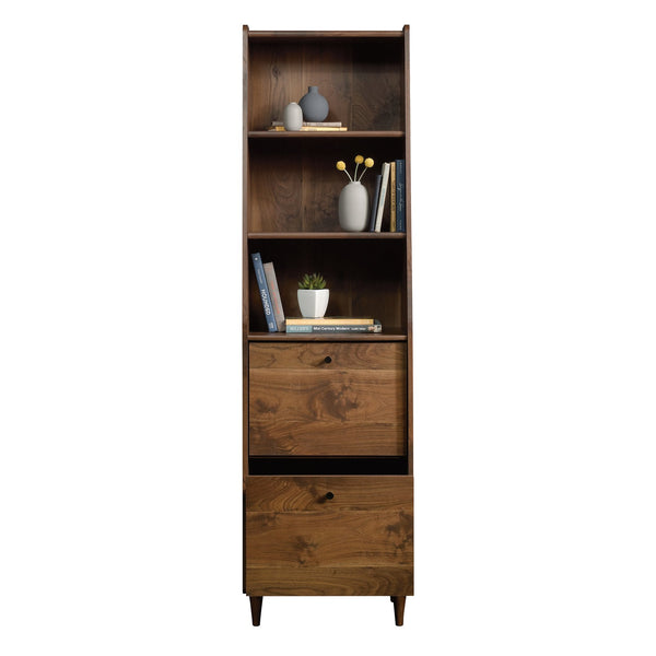 English Elm Narrow Mid-Century Bookcase in Brown – Tall Engineered Wood Shelf with Two Full-Extension File Drawers, Space-Saving 70.4" Height for Home Office and Living Room B356P402740