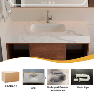English Elm 39.4 Inch Floating Bathroom Vanity Sintered Stone Top Solid Wood 2 Soft Close Drawers W3136S00034