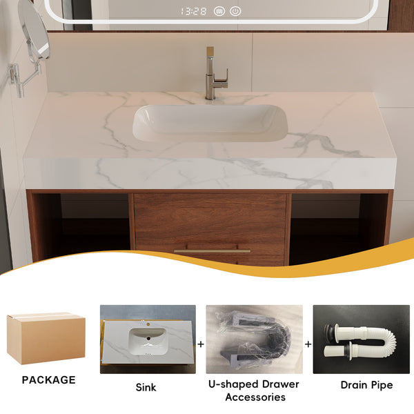 English Elm 39.4 Inch Floating Bathroom Vanity Sintered Stone Top Solid Wood 2 Soft Close Drawers W3136S00034
