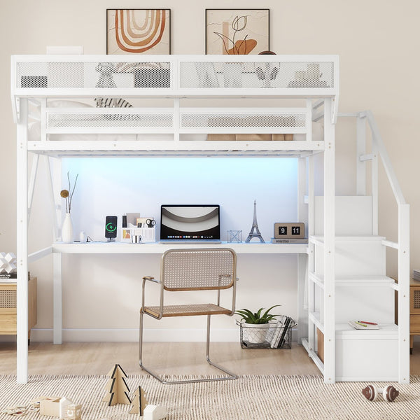 English Elm Twin Metal High Loft Bed with Staircase Storage Wardrobe for Kids and Teens W2580S00080
