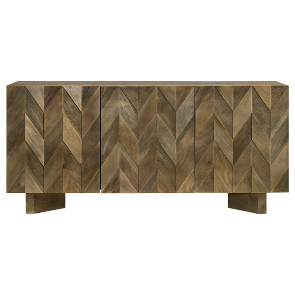 English Elm Roman Mango Brown Chevron 3-Door Server with Ornate Bracket Feet, Adjustable Shelves & Rustic Charm B062P358298
