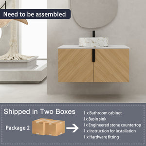 English Elm 36" Modern Bathroom Vanity With Ceramic Sink & Stone Slab, Wall-Mounted, Soft-Close Doors, Oak Finish W999S00450