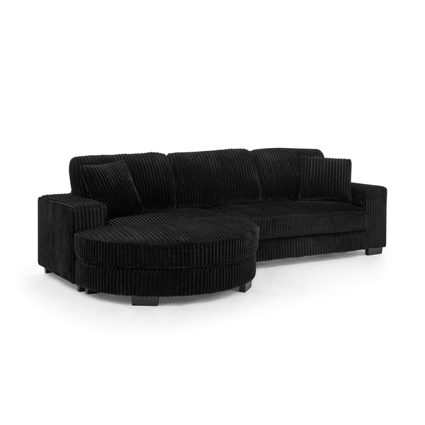 English Elm Corduroy Modular L-Shaped Convertible Sleeper Sofa With Tufted Design & Movable Footstool - Black W487S00346