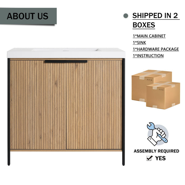 English Elm 36" Freestanding Bathroom Vanity with Resin Sink, Soft-Close Doors, Adjustable Shelf & Metal Handles Light Coffee W999S00296
