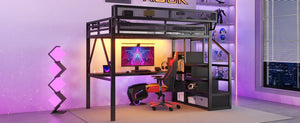 English Elm Twin Metal High Loft Bed with Staircase Storage Wardrobe for Kids and Teens W2580S00077