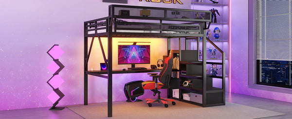 English Elm Twin Metal High Loft Bed with Staircase Storage Wardrobe for Kids and Teens W2580S00077