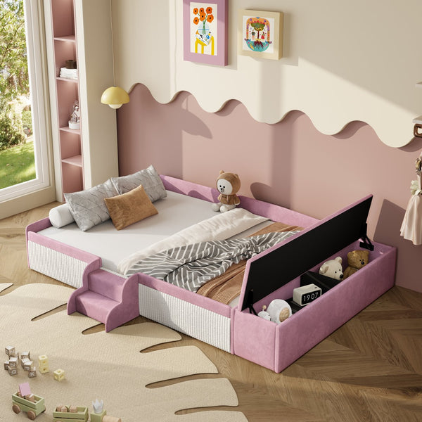 English Elm Full Size Kids Velvet Platform Daybed with Storage Ottoman Staircase Padded Rails Pink+White SF000202AAH