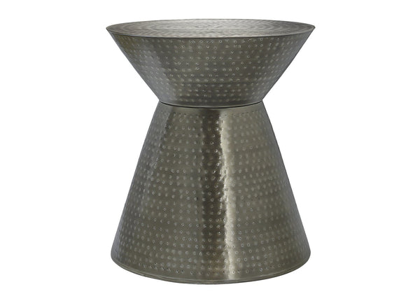 English Elm Accent Drum End Table with Hammered Metal Finish — 22" Handcrafted Cone Shape for Chic Living Spaces Silver 23 L x 23 W x 19 H B2710P219460