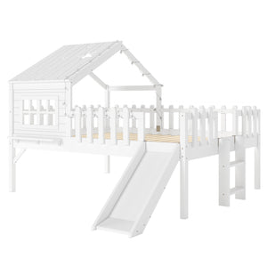 English Elm Twin Playhouse Loft Bed Solid Pine Frame with Slide Led Lights and Star Roof White W5316S00004