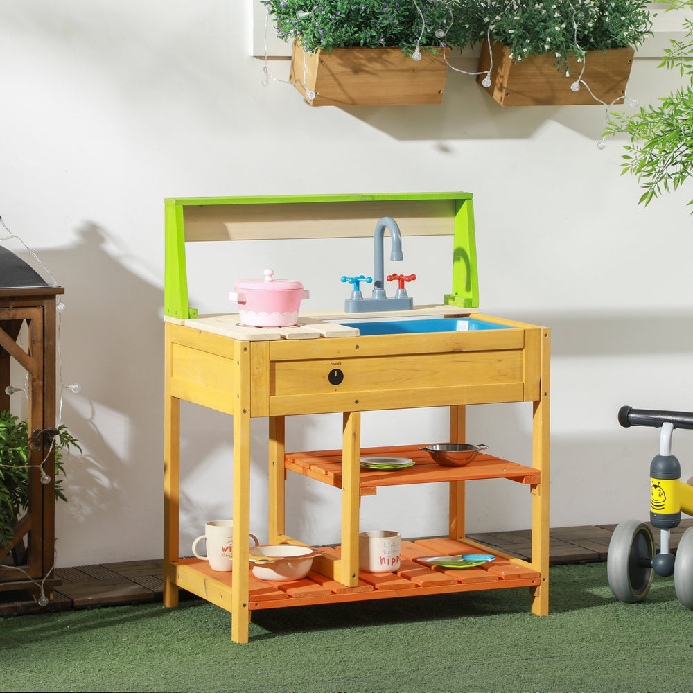 English Elm Outsunny Solid Fir Wood Kids Outdoor Mud Kitchen Playset with Sink Faucet Shelves W2225P200780
