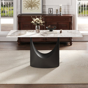 English Elm 63" Modern Artificial Stone Dining Table With Black Iron Legs - Seats 6-8, Elegant & Durable Design W1535S00562