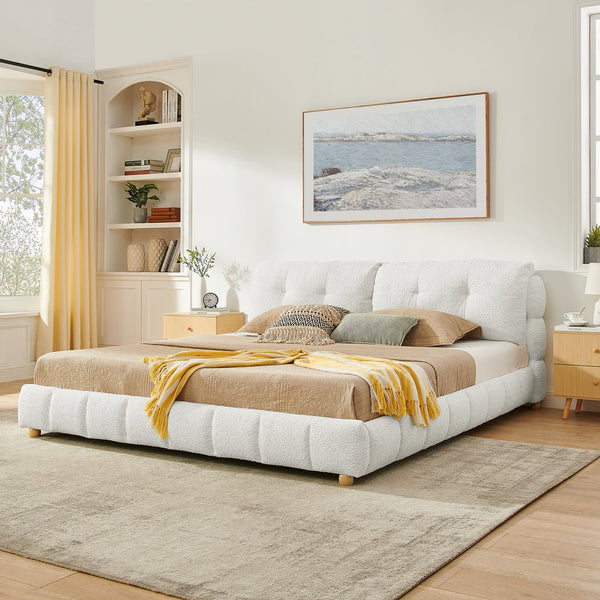 English Elm King Bouclé Upholstered Platform Bed Tufted Cloud Headboard Low Profile Frame W1413S00184