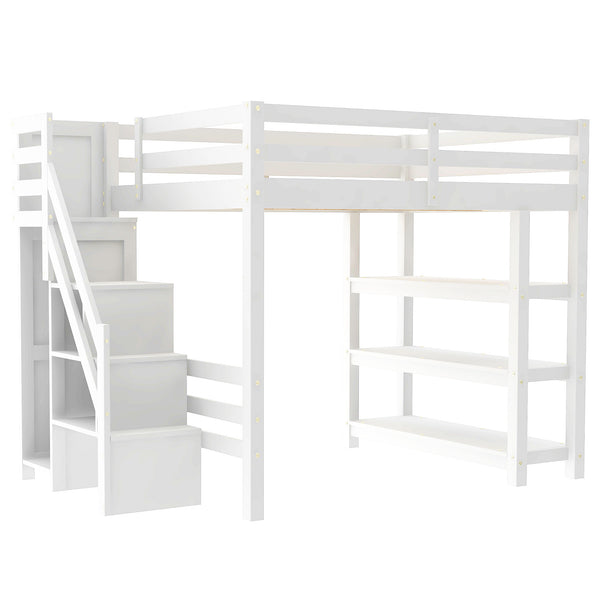 English Elm Full Size Loft Bed With Integrated Shelves, Storage Staircase, Small Wardrobe & Led Lighting N7090000472K