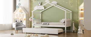 English Elm Twin House Bed Solid Pine Cottage Frame with Pull Out Trundle for Kids Bedroom White N708P309238K
