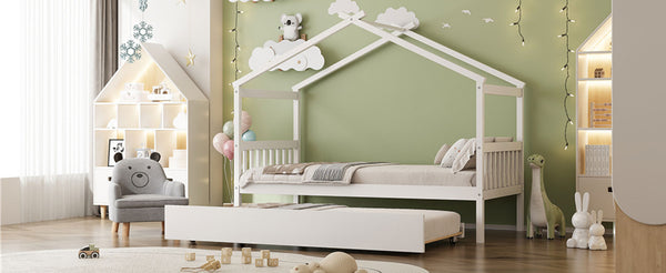 English Elm Twin House Bed Solid Pine Cottage Frame with Pull Out Trundle for Kids Bedroom White N708P309238K