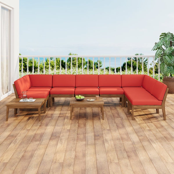 English Elm Christopher Knight Home® - Grenada 8-Seater Acacia Wood Sectional Sofa Set With Plush Cushions For Stylish Outdoor Comfort P3 N773OS00062R-GIGA