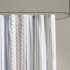 JLA Home INK+IVY - Cotton Imani Aztec Printed Shower Curtain with Chenille Stripe Trim — Boho Texture, OEKO‑TEX Certified Comfort White/Navy II70-1319
