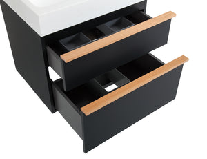 English Elm VELA 24 Inch Wall Mounted Bathroom Vanity with Integrated Acrylic Sink, Dual Wood Handles, Soft-Close drawers and Organizer Black W3235P327615