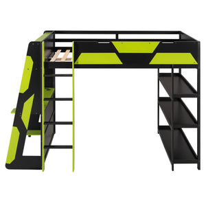 English Elm Full Size Gaming Loft Bed with Led Lighting Desk Shelves and Usb Charging Ports N820S00076F