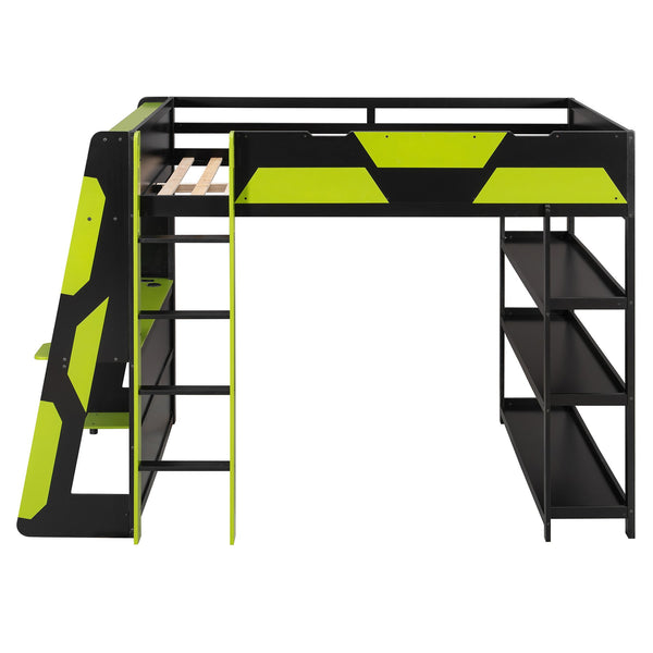 English Elm Full Size Gaming Loft Bed with Led Lighting Desk Shelves and Usb Charging Ports N820S00076F