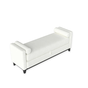 English Elm 66 Inch Sherpa Upholstered Storage Bench with Fluted Wood Base and Bolster Pillows W1658P446122